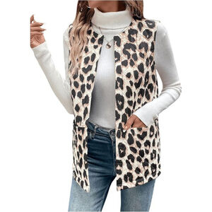 Women's Leopard Print Quilted Vest Coat–Sleeveless Open Front Vest–Size M-NWOT